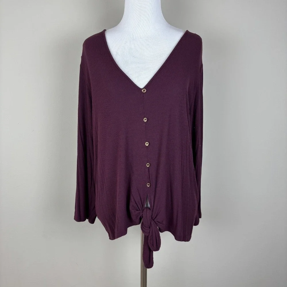 Michael‎ Kors Top Womens XL Purple Ribbed Knit Tie Hem 3/4 Sleeve Buttons V-Neck